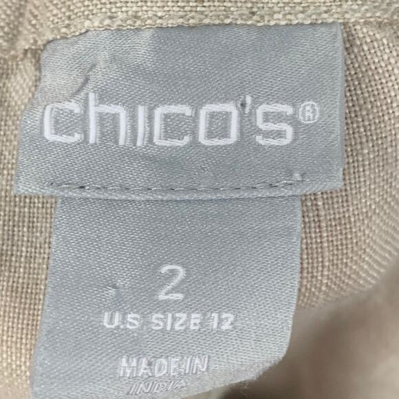 Chico's Linen Crop Wide Leg Pants Womens Size Large (2) Tan Elastic Button Hem - Picture 5 of 9